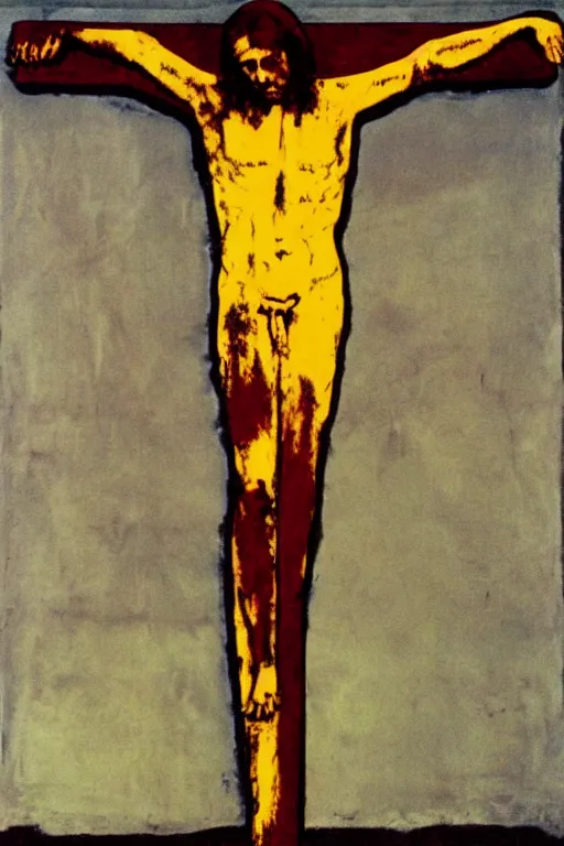 Prompt: bloody jesus christ crucified, yellow sky painted by andy warhol and cy twombly