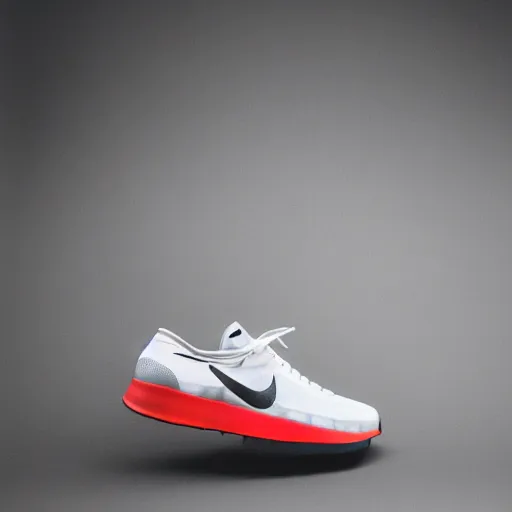 Prompt: a studio photoshoot of A floating Nike running sneaker designed by Virgil Abloh, mesh fabrics, Off-White, realistic, color film photography by Tlyer Mitchell, 35 mm, graflex