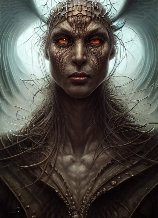 Image similar to closeup portrait shot of a demon in dungeon in a scenic dystopian environment, intricate, elegant, highly detailed, centered, digital painting, artstation, concept art, smooth, sharp focus, illustration, artgerm, tomasz alen kopera, peter mohrbacher, donato giancola, joseph christian leyendecker, wlop, boris vallejo