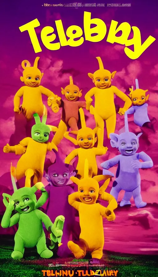 Prompt: movie poster for a movie about teletubbies in hell