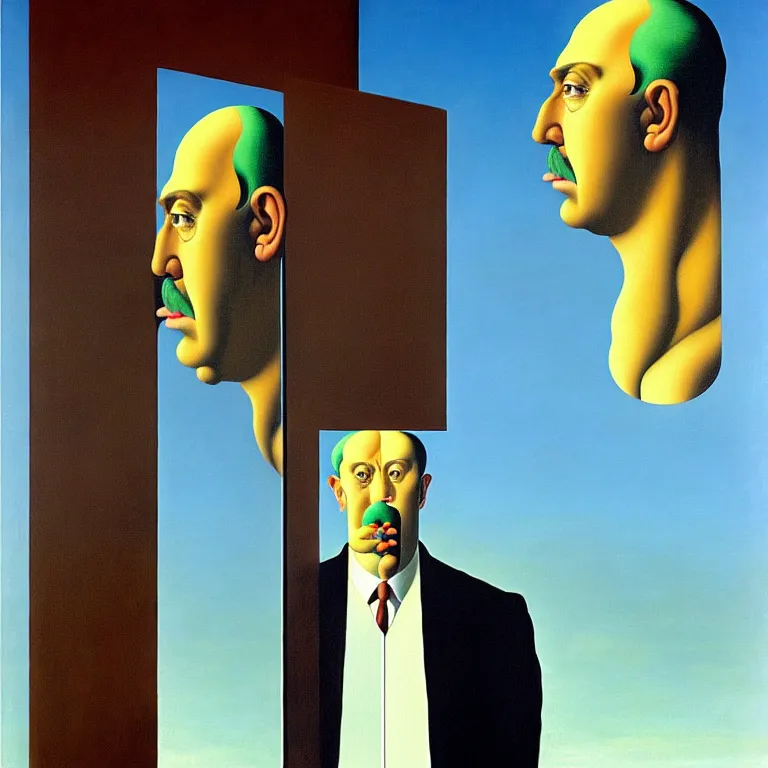 Image similar to a man looks into his own reflection and sees nothing, by rene magritte and salvador dali, surreal, oil on canvas, hyper detailed, vivid