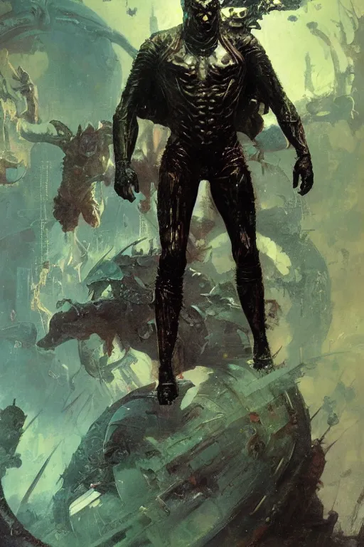 Image similar to pulp scifi fantasy illustration full body portrait marvel's demon, by norman rockwell, jack kirby, bergey, craig mullins, ruan jia, jeremy mann, tom lovell, 5 0 s, astounding stories, amazing, fantasy, other worlds