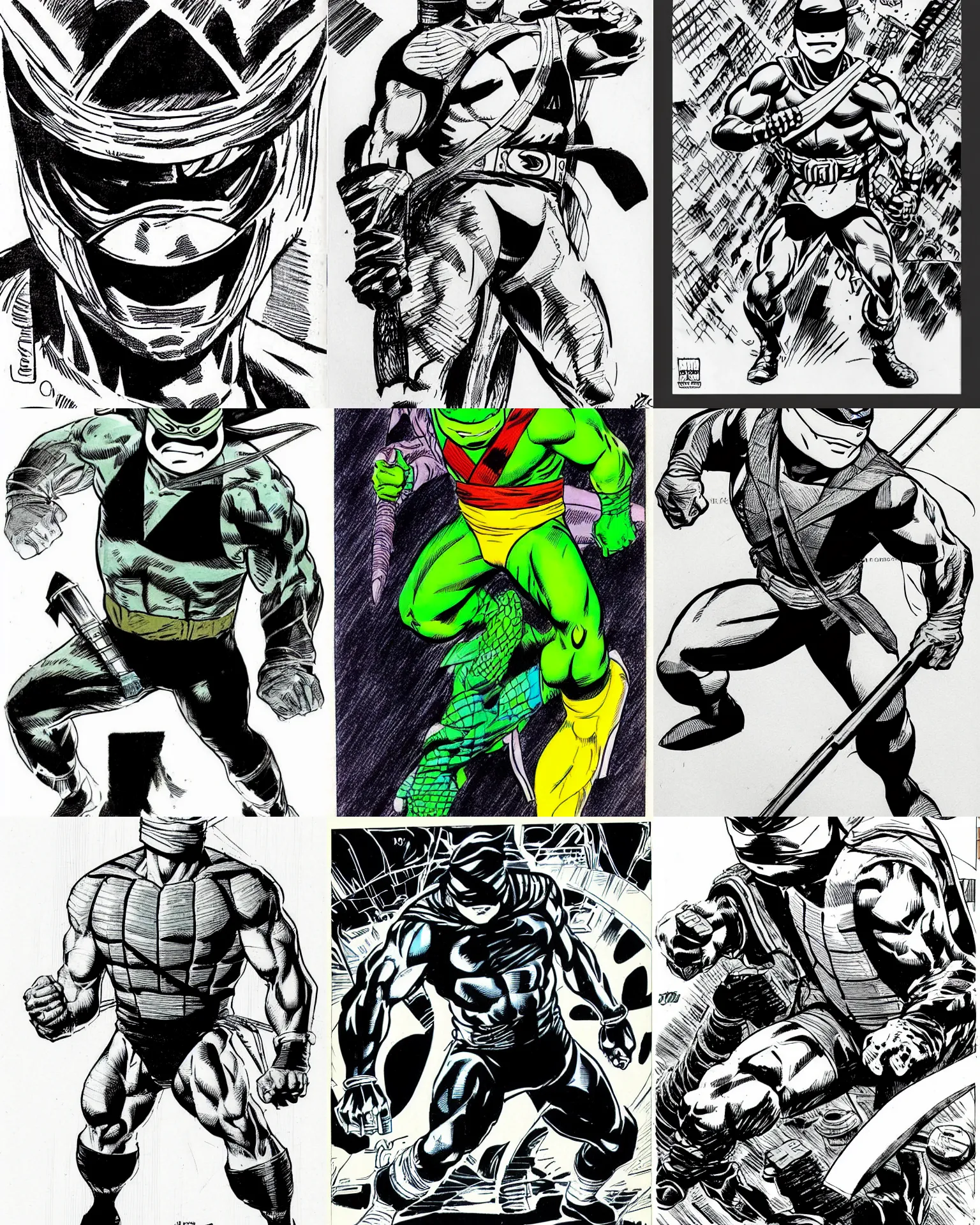 Prompt: year 1 9 8 5!!! oversized head! mirage comics ninja turtle!!! jim lee!!! medium shot!! flat ink sketch by jim lee close up in the style of jim lee, comic book ninja turtle by jim lee