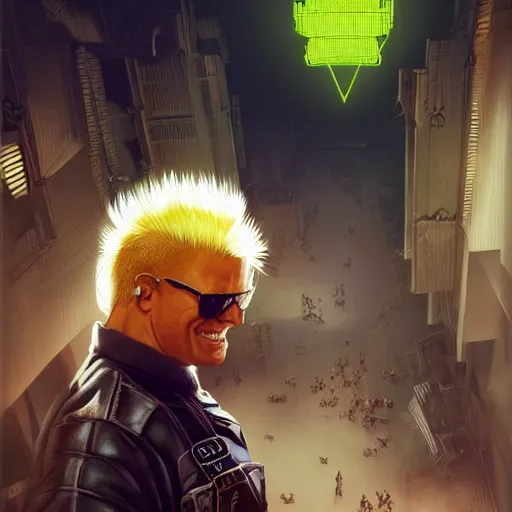 Image similar to Duke Nukem 3D, Blond spiky hair, radiation sign, big smile, intricate, cinematic lighting, highly detailed, digital painting, artstation, concept art, smooth, sharp focus, illustration, art by Artgerm and Greg Rutkowski, Cgsociety