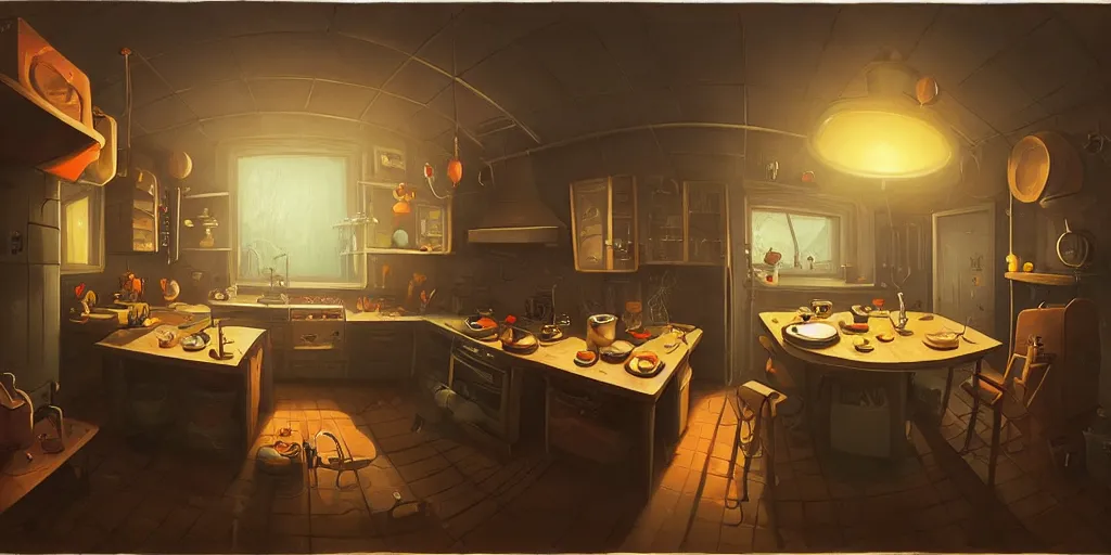 Image similar to minimalistic kitchen dim lit by a candle simon stalenhag gerald brom, fisheye camera, extreme perspective