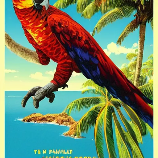 Prompt: vintage travel poster for tropical location, giant parrot, artstation,