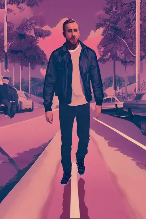 Image similar to Ryan Gosling walking down the road in a horizont, retrowave sun, retrowave landscape, retrowave style, realistic materials, attention to detail, detailed depth of field, digital art, quality composition