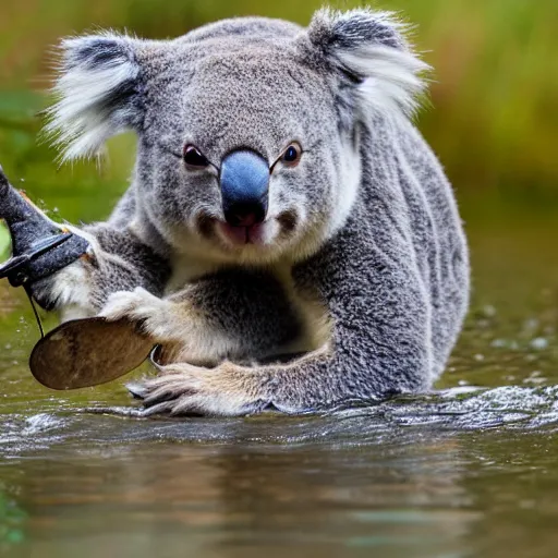 Prompt: a fierce koala bear fishing for salmon alongside an alaskan creek.
