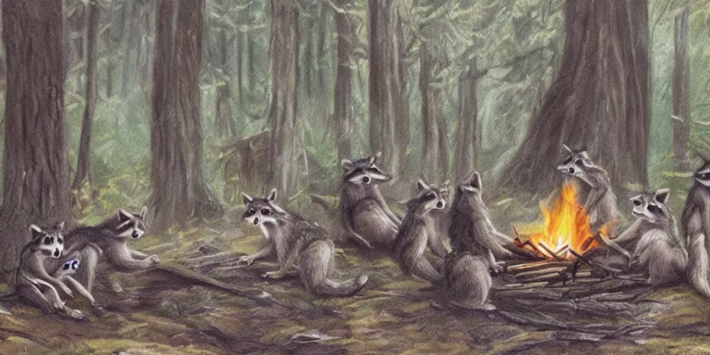 Image similar to A small group of racoons is sitting in the forest next to a campfire. There is a wolf sneaking from the side. Cinematic, very beautiful, painting in the style of Lord of the rings