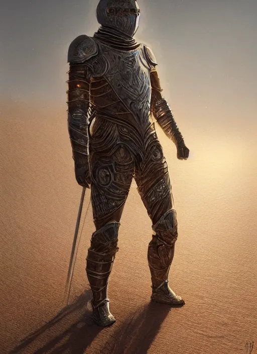 Prompt: a knight in translucent crystal armor in the desert surrounded by sand dunes, greg rutkowski, 8 k, shallow depth of field, intricate detail, concept art,