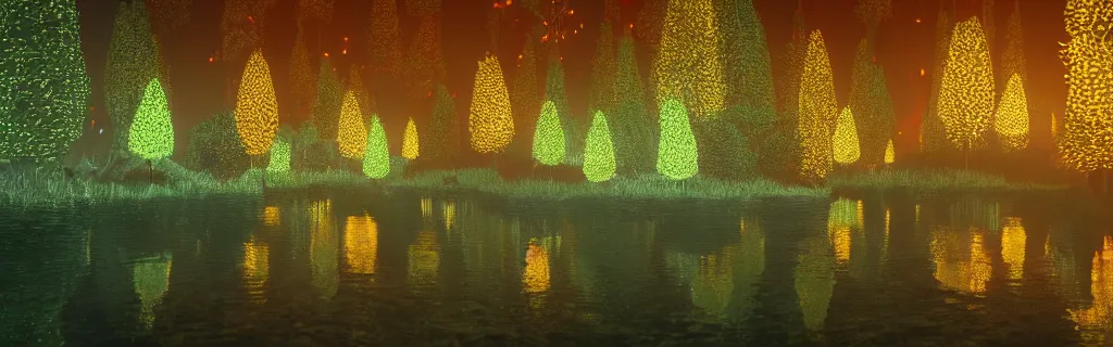 Image similar to fantasy forest of glowing trees and glowing flying insects, a lake reflecting the lights, myst on the air, cinematic feel, hyper realistic, high detail, blender render .