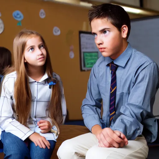 Prompt: a girl student asking a stupid question for the teacher, ruddy girl, short hair, very detailed face, white skinned girl,