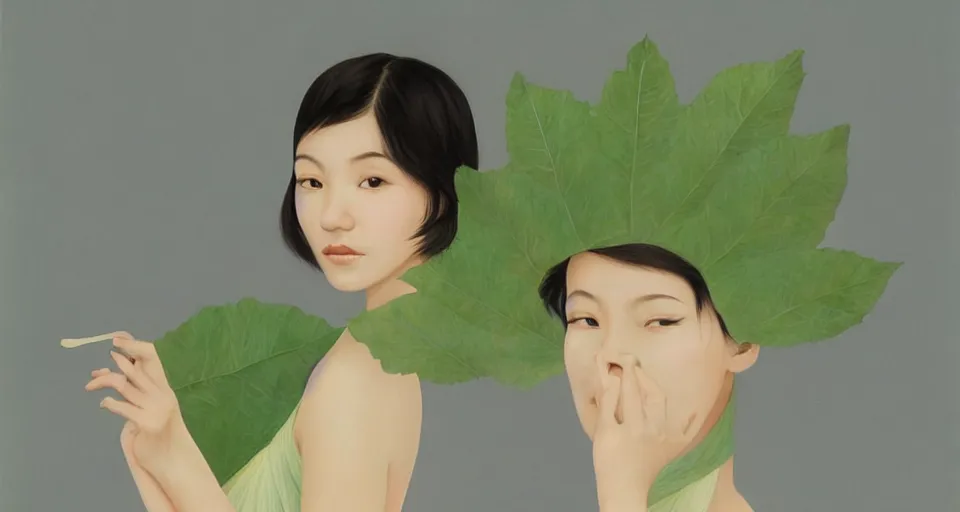 Image similar to asian female wearing leaf costume, art by dannylailai, by hsiao ron cheng