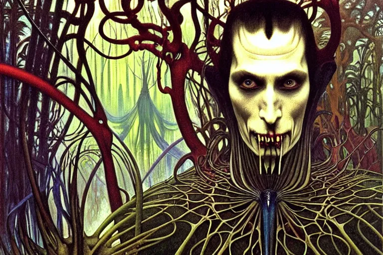 Image similar to realistic extremely detailed portrait painting of an elegantly creepy vampire man dressed as dracula, futuristic sci-fi forest on background by Jean Delville, Amano, Caravaggio, Yves Tanguy, Alphonse Mucha, Ernst Haeckel, Edward Robert Hughes, Roger Dean, rich moody colours