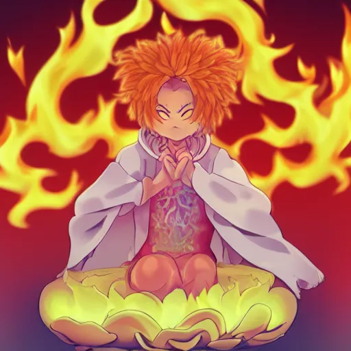 Image similar to fluffy strange popcorn elemental spirit anime character with a smiling face and flames for hair, sitting on a lotus flower, clean composition, symmetrical