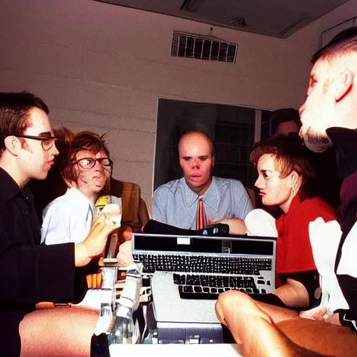 Prompt: the saddest computer party, drinks, 1990s photograph