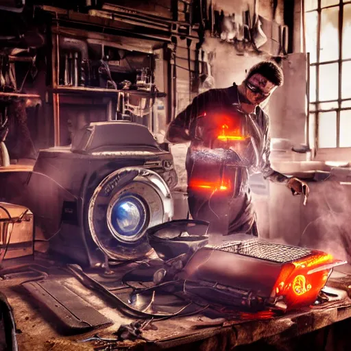 Image similar to cyborg toaster oven repairman, dark messy smoke - filled cluttered workshop, dark, dramatic lighting, orange tint, sparks, plasma rays, cinematic, highly detailed, sci - fi, futuristic, movie still, rule of thirds composition