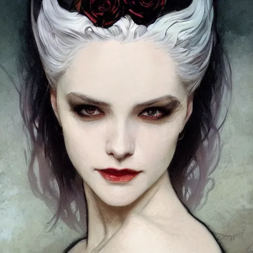 Image similar to portrait of a menacing beautiful vampire, top half of body, by Stanley Artgerm Lau , greg rutkowski, thomas kindkade, alphonse mucha, loish, norman rockwell, J. C. Leyendecker. bright white hair, pale skin, angry complexion, beautiful detailed eyes, black rose frame. D&D, fantasy. Trending on artstation rule of thirds extremely detailed old illustration hd 4k