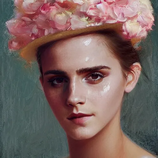 Image similar to very thick paint brush strokes paint texture full body fashion model emma watson by Jeremy Lipking by Hasui Kawase by Richard Schmid (((smokey eyes makeup eye shadow fantasy, glow, shimmer as victorian woman in a long white frilly lace dress and a large white hat having tea in a sunroom filled with flowers, roses and lush fern flowers ,intricate, night, highly detailed, dramatic lighting))) , high quality