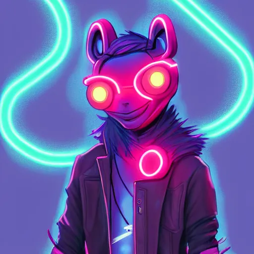 Prompt: beautiful furry digital art portrait commission of an androgynous furry anthro frog fursona wearing punk clothes in the streets of a cyberpunk city. neon signs. character design by charlie bowater, ross tran, artgerm, and makoto shinkai