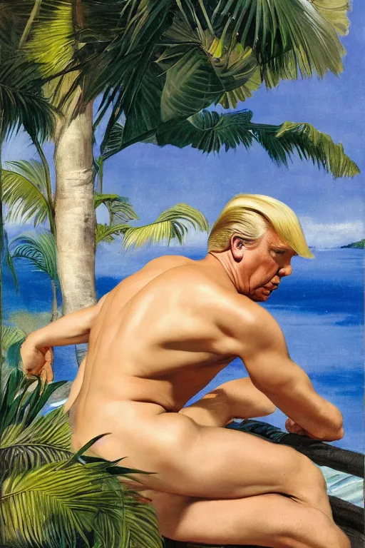 Image similar to Donald trump in a Speedo, golden hour, next to a tropical pool, artstation, by J. C. Leyendecker and Peter Paul Rubens,