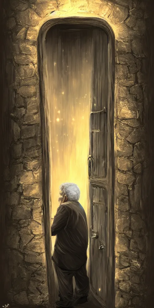 Image similar to old man going through a door to another dimension, fantasy, 4 k, digital art,