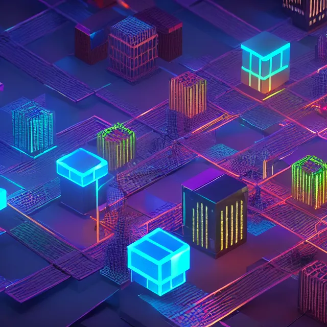 Image similar to 3 d render of glowing futuristic voxel abstract blocks tied together with chains, abstract cubes connected with wires, in the distance a cyberpunk blockchain city is seen, blockchain, symmetry, painted, intricate, volumetric lighting, beautiful, rich deep colors masterpiece, sharp focus, ultra detailed, in the style of dan mumford and marc simonetti