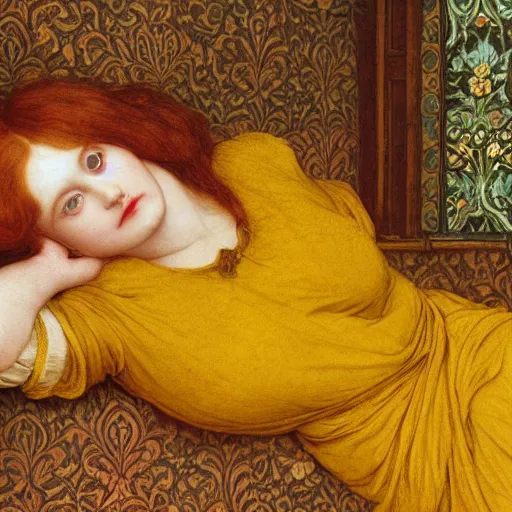 Prompt: preraphaelite photography reclining on bed, large eyes and nose and lips, big brown fringe, yellow ochre ornate medieval dress, william morris, 4 k