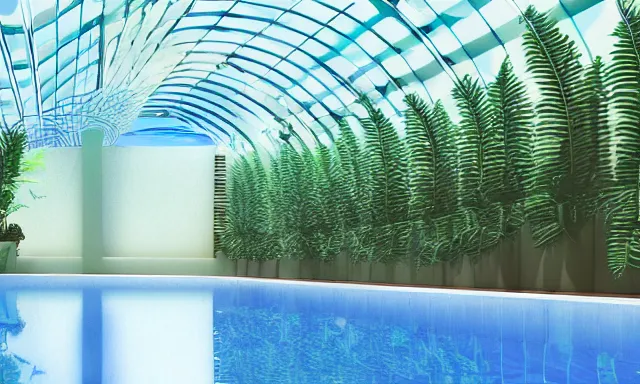 Image similar to 3d render of indoor pool with ferns and palm trees, pool tubes, chromatic abberation, depth of field, 80s photo