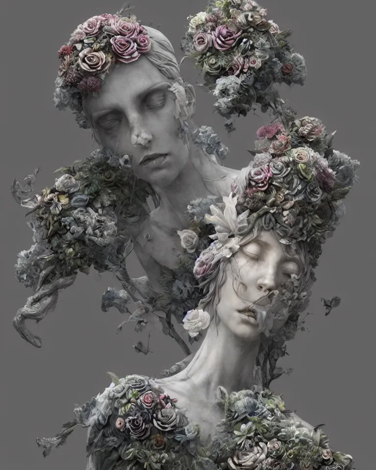 Image similar to a marble statue made of flowers made of mist, Andrew Ferez, Charlie Bowater, Marco Mazzoni, Seb McKinnon, Ryohei Hase, trending on cgsociety, featured on zbrush central, new sculpture, mystical