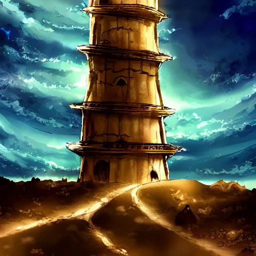 Image similar to Anime style, desert at night filled with monstrous beasts, tall white tower in the background, HD,