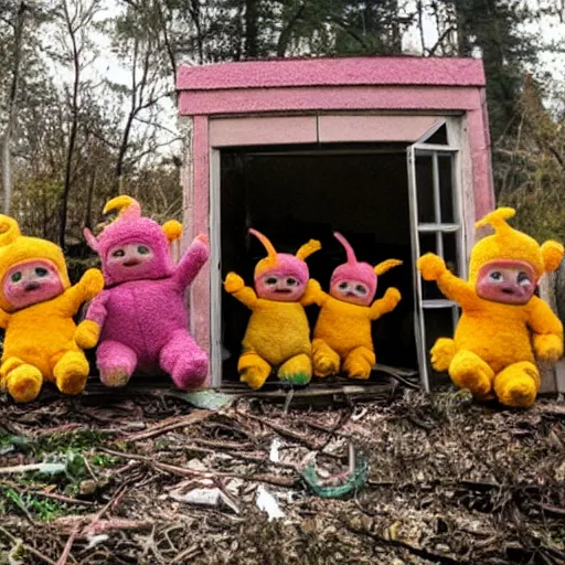 Prompt: burning teletubbies plush dolls inside abandoned dollhouse