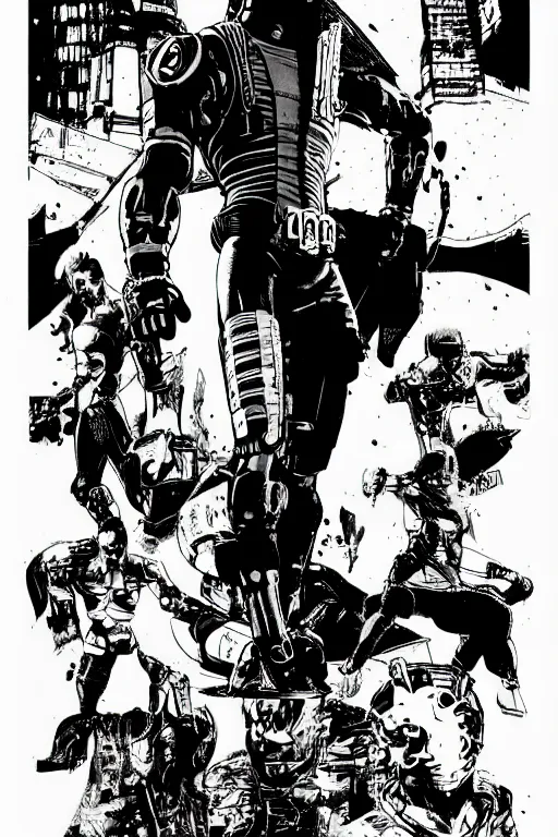 Prompt: cyborg ninja standing heroically, a page from cyberpunk 2 0 2 0, style of paolo parente, style of mike jackson, adam smasher, johnny silverhand, 1 9 9 0 s comic book style, white background, ink drawing, black and white