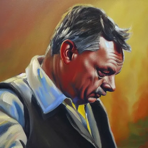 Prompt: viktor orban welding, oil painting