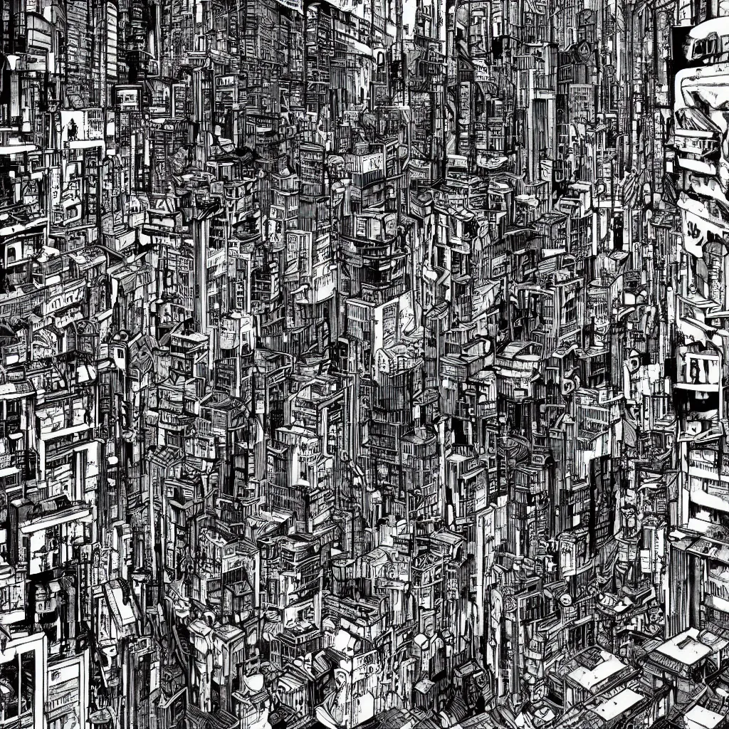 Prompt: cyberpunk city illustrated by junji ito, manga style, moody, melancholy