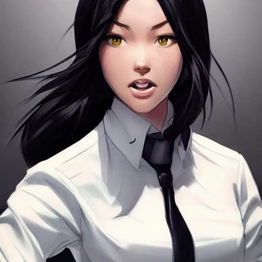 Prompt: cassandra cain wearing white collared business shirt!!!! laying in bed!!!, giggling, beautiful face!!!!, 2 7 years old, cg animation, lifelike, animated, realistic, by artgerm, greg rutkowski, 3 d