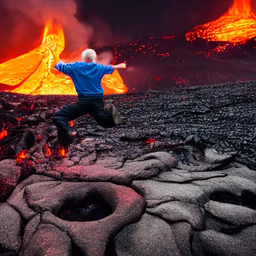 Prompt: elderly man jumping over a lava flow, jump, stunt, volcano, hot, eruption, magma, lava, canon eos r 3, f / 1. 4, iso 2 0 0, 1 / 1 6 0 s, 8 k, raw, unedited, symmetrical balance, wide angle