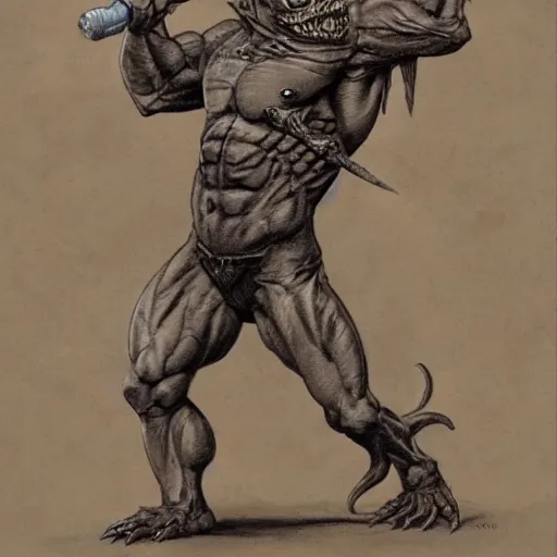 Prompt: dog-faced muscular goblin, ugly face, lizard tail, holding scimitar made of bone, hyper-detailed, drawn by Frank Frazetta