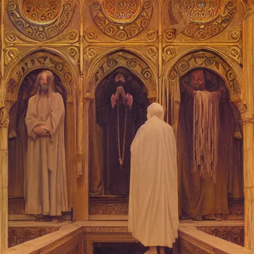 Prompt: a religious man with holes in his robes, holes in a religious man, annie swynnerton and nicholas roerich and jean delville, strong dramatic cinematic lighting, ornate tiled architecture, lost civilizations, smooth, sharp focus, extremely detailed