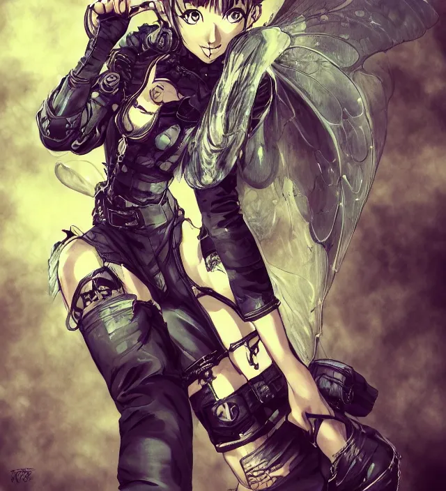 Image similar to full body pose, hd, manga anime portrait of a fairy girl in combat boots and overalls, ishikawa ken, frank miller, jim lee, alex ross style detailed trending award winning on flickr artstation,