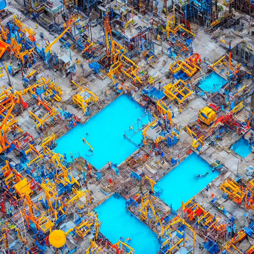 Image similar to colorful construction site with pools of bright blue water, birds eye view