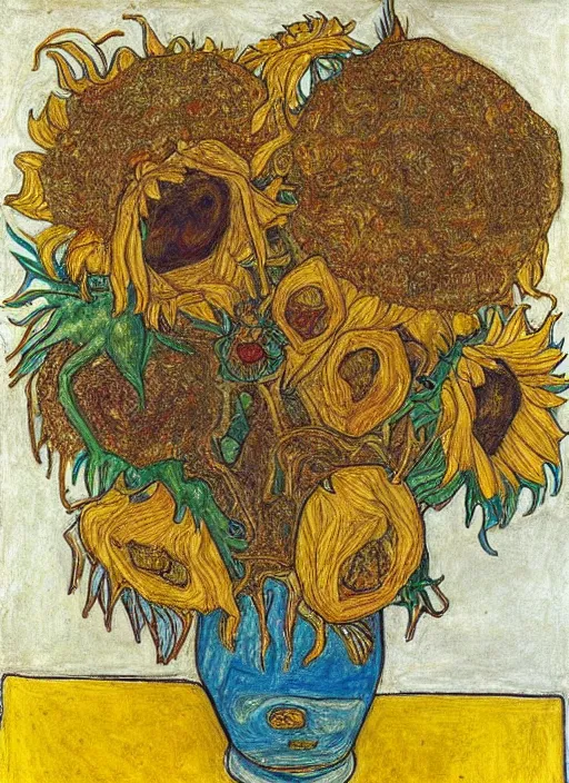 Prompt: an intricate drawing from observation of intertwined sunflowers, some sunflowers dead, some are blooming or crumbling, by Egon Schiele and Piet Mondrian, colors of Mark Rothko