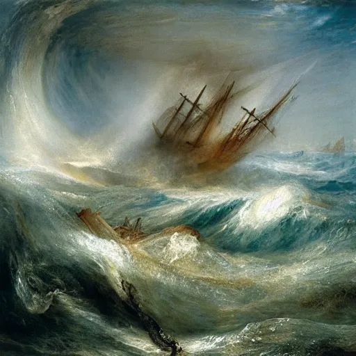 Prompt: giant octopus with huge tentacles dancing above the waves of a furious ocean, by jmw turner