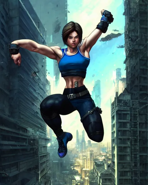 Prompt: gigachad jill valentine bodybuilder jumping from a building fighting in racoon city, fantasy character portrait, ultra realistic, anime key visual, full body concept art, intricate details, highly detailed by greg rutkowski, ilya kuvshinov, gaston bussiere, craig mullins, simon bisley