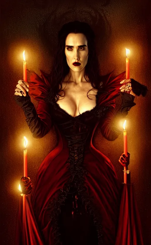 Image similar to jennifer connelly vampire queen, sharp fangs, blood, full body, intricate victorian dress, digital art, cinematic lighting, studio quality, symmetrical eyes, artgerm, joshua middleton, rafael albuquerque, moody lighting, candles, art style by klimt, nixeu and ian sprigger and wlop and krenz cushart