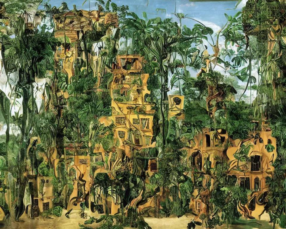 Image similar to repeating colonial mansions, overgrown with tropical foligage, by Salvador Dali and Jan Siberechts.