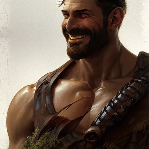 Prompt: a rugged ranger smiling softly, handsome, upper body, muscular, D&D, fantasy, intricate, elegant, highly detailed, digital painting, artstation, concept art, matte, sharp focus, illustration, art by Artgerm and Greg Rutkowski and Alphonse Mucha