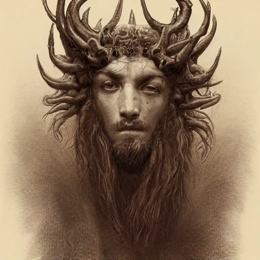 Image similar to a masterpiece! photographic portrait of a scarlet - colored!! beast!! with seven heads!! and ten horns!! by gustave dore and sam spratt and allen williams, trending on artstation, cgsociety, 8 k hd, earthtone colors, a cloaked woman riding the back of the beast