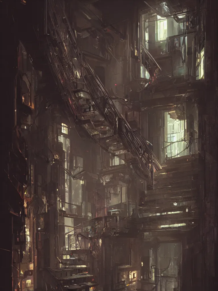 Image similar to a cellar staircase, cyberpunk style, digital painting, concept art, smooth, sharp focus, hyperrealistic, illustration, artstation trending, octane render, unreal engine, ambient light, dynamic lighting, magical, dark vibes, Cyberpunk 2077