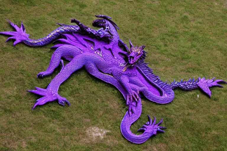 Prompt: a purple and gold dragon laying on its back, relaxing dragon